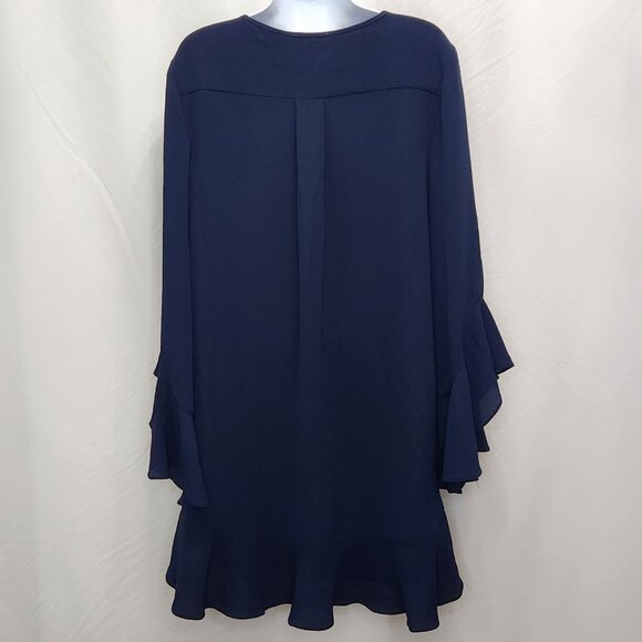 Max Studio Ruffle Shift Dress Womens S Small Navy Blue Bell Sleeve Office OO15X - Picture 2 of 6